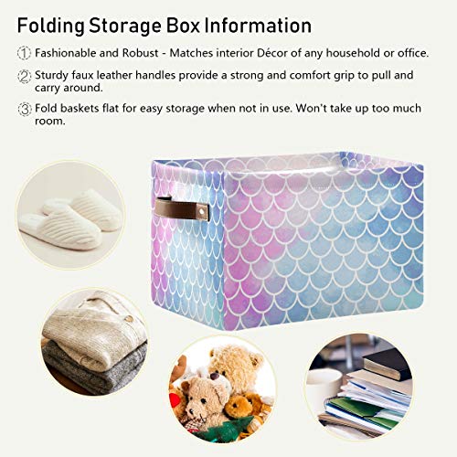 Sea Mermaid Scales Storage Basket Bins Large Fabric Storage Cube Box with Handles Collapsible Closet Shelf Cloth Organizer Basket Decorative 2 Pack for Shelves Kids Nursery Bedroom Bathroom