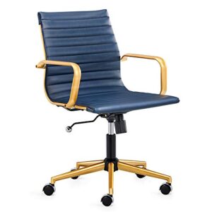 luxmod gold office chair in blue leather, mid back office chair with armrest, gold and blue ergonomic desk chair for back & lumbar support, modern executive chair - blue…