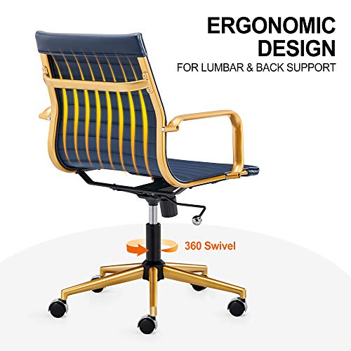 LUXMOD Gold Office Chair in Blue Leather, Mid Back Office Chair with Armrest, Gold and Blue Ergonomic Desk Chair for Back & Lumbar Support, Modern Executive Chair - Blue…