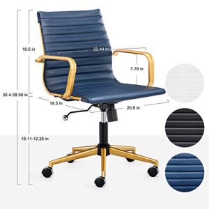 LUXMOD Gold Office Chair in Blue Leather, Mid Back Office Chair with Armrest, Gold and Blue Ergonomic Desk Chair for Back & Lumbar Support, Modern Executive Chair - Blue…