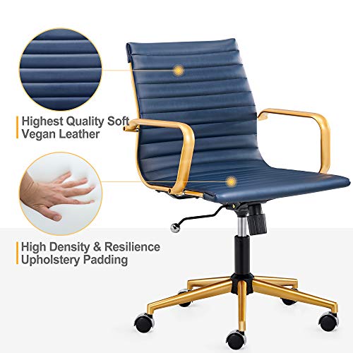 LUXMOD Gold Office Chair in Blue Leather, Mid Back Office Chair with Armrest, Gold and Blue Ergonomic Desk Chair for Back & Lumbar Support, Modern Executive Chair - Blue…