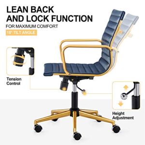 LUXMOD Gold Office Chair in Blue Leather, Mid Back Office Chair with Armrest, Gold and Blue Ergonomic Desk Chair for Back & Lumbar Support, Modern Executive Chair - Blue…