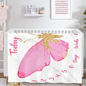 Eunikroko Butterfly Baby Monthly Milestone Blanket Girl Watercolor Baby Monthly Growth Blanket, Soft Flannel Fleece Blanket for 1-12 Months Photo Props Newborn Baby Gift Idea for Shower Nursery Decor