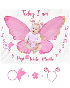 eunikroko butterfly baby monthly milestone blanket girl watercolor baby monthly growth blanket, soft flannel fleece blanket for 1-12 months photo props newborn baby gift idea for shower nursery decor