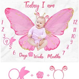 Eunikroko Butterfly Baby Monthly Milestone Blanket Girl Watercolor Baby Monthly Growth Blanket, Soft Flannel Fleece Blanket for 1-12 Months Photo Props Newborn Baby Gift Idea for Shower Nursery Decor