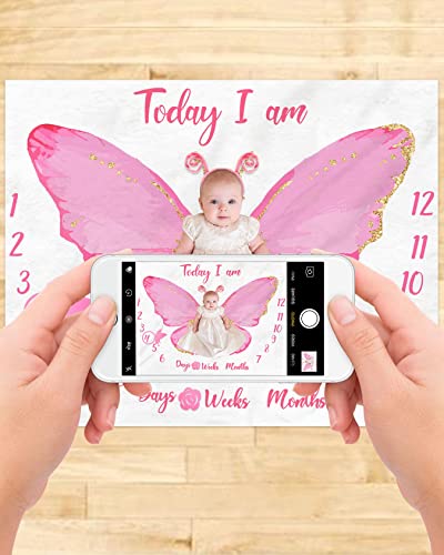 Eunikroko Butterfly Baby Monthly Milestone Blanket Girl Watercolor Baby Monthly Growth Blanket, Soft Flannel Fleece Blanket for 1-12 Months Photo Props Newborn Baby Gift Idea for Shower Nursery Decor