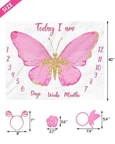 Eunikroko Butterfly Baby Monthly Milestone Blanket Girl Watercolor Baby Monthly Growth Blanket, Soft Flannel Fleece Blanket for 1-12 Months Photo Props Newborn Baby Gift Idea for Shower Nursery Decor