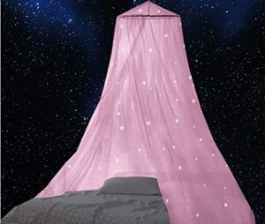 bcbyou bed canopy mosquito net with fluorescent stars glow in dark for baby, kids, and adults, for cover the baby crib, kid bed, girls bed or full size bed (pink)