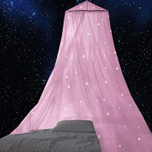 BCBYou Bed Canopy Mosquito Net with Fluorescent Stars Glow in Dark for Baby, Kids, and Adults, for Cover The Baby Crib, Kid Bed, Girls Bed Or Full Size Bed (Pink)