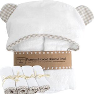 channing & yates premium hooded baby towel + (4 piece) x-large washcloth gift bundle - organic bamboo baby towels and washcloths- (beige gingham bundle)…