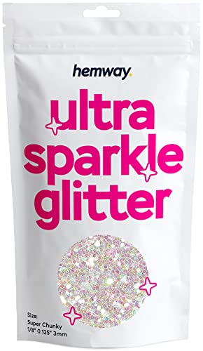 Hemway Premium Ultra Sparkle Glitter Multi Purpose Metallic Flake for Arts Crafts Nails Cosmetics Resin Festival Face Hair - Mother of Pearl Iridescent - Super Chunky (1/8" 0.125" 3mm) 100g / 3.5oz