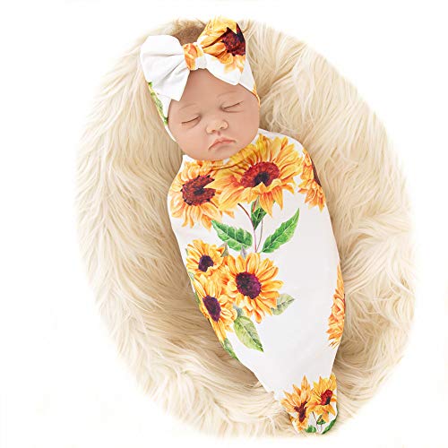 Galabloomer Newborn Sunflower Receiving Blanket Headband Set Baby Flower Rose Swaddle with Big Bow