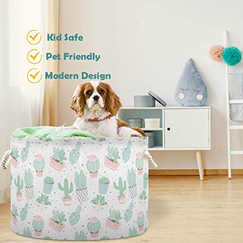 visesunny Storage Basket Cute Summer Cacti Nursery Hamper Canvas Fabric Toy Storage Organizer Bin Storage Box Laundry Basket for Kid Rooms,Playroom,Shelves,Toy Basket