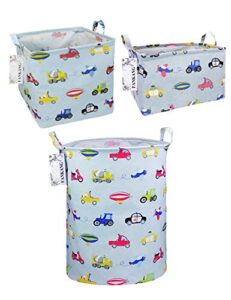 fankang storage bins nursery hamper canvas laundry basket foldable with waterproof pe coating large storage baskets gift baskets for kids, office, bedroom, clothes,toys (cars)