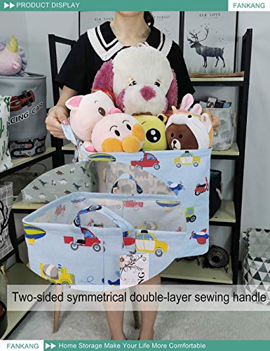 FANKANG Storage Bins Nursery Hamper Canvas Laundry Basket Foldable with Waterproof PE Coating Large Storage Baskets Gift Baskets for Kids, Office, Bedroom, Clothes,Toys (Cars)