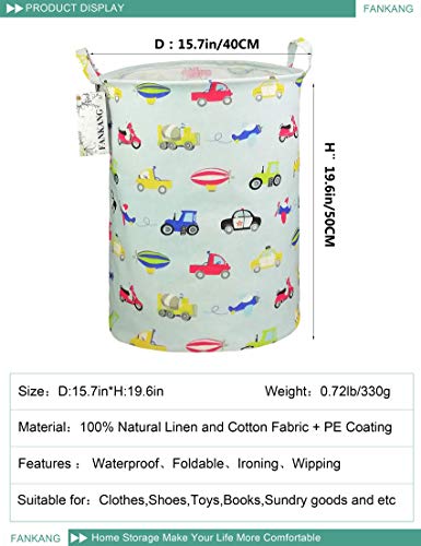 FANKANG Storage Bins Nursery Hamper Canvas Laundry Basket Foldable with Waterproof PE Coating Large Storage Baskets Gift Baskets for Kids, Office, Bedroom, Clothes,Toys (Cars)