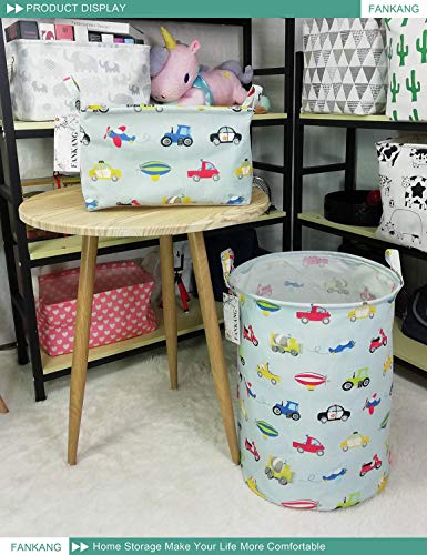 FANKANG Storage Bins Nursery Hamper Canvas Laundry Basket Foldable with Waterproof PE Coating Large Storage Baskets Gift Baskets for Kids, Office, Bedroom, Clothes,Toys (Cars)