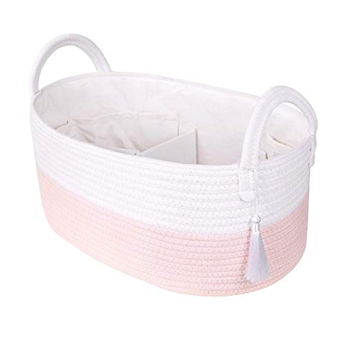 Emmy Baby Co. Rope Diaper Caddy Organizer - Large Nursery Storage Bin - Car Organizer - Baby Shower Basket - with 8 Pockets and Removable Dividers - Pale Blush Pink