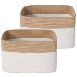 anminy 2pcs woven cotton rope storage baskets with handles large washable basket set decorative storage bins boxes nursery baby kid toy blanket clothes towel laundry organizer containers - white/brown