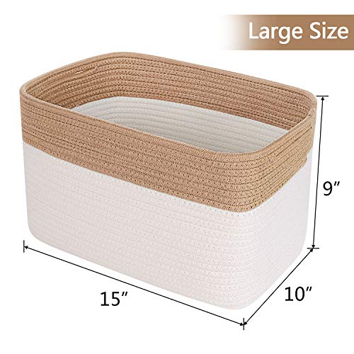 ANMINY 2PCS Woven Cotton Rope Storage Baskets with Handles Large Washable Basket Set Decorative Storage Bins Boxes Nursery Baby Kid Toy Blanket Clothes Towel Laundry Organizer Containers - White/Brown