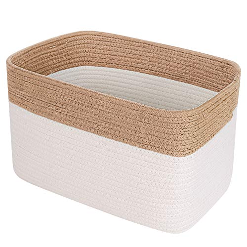 ANMINY 2PCS Woven Cotton Rope Storage Baskets with Handles Large Washable Basket Set Decorative Storage Bins Boxes Nursery Baby Kid Toy Blanket Clothes Towel Laundry Organizer Containers - White/Brown