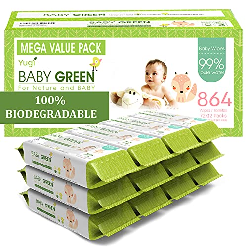 Yugi Baby Green Wipes Unscented Compostable Biodegradable and Organic– Value Pack (12 Packs of 72) 864 for Sensitive Skin