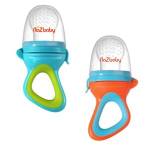 razbaby baby solids/frozen fruit feeder pacifier, infant teether toy 6m+, bpa-free silicone pouch & nipple, safely introduce solids, teething relief, dishwasher safe, 2-pack – orange/blue + green/blue