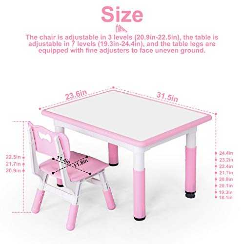 Kids Study Table and Chair Set with 2 Seats Height Adjustable Children’s Painting Drawing Desk Easy to Clean Assemble Max Load-Bearing 330lb Plastic Toddler Table and Chair Set for School Home Pink