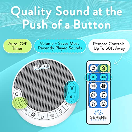 Serene Evolution White Noise Machine for Adults Sleeping & Baby - White Noise Machine for Office Privacy & Noise Canceling - Ocean Sound Machine for Sleeping - Includes Fan, Ocean, Rain, Nature Sounds