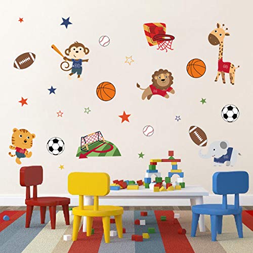 decalmile Sports Animals Wall Decals Monkey Elephant Giraffe Wall Stickers Baby Nursery Boys Bedroom Playroom Wall Decor