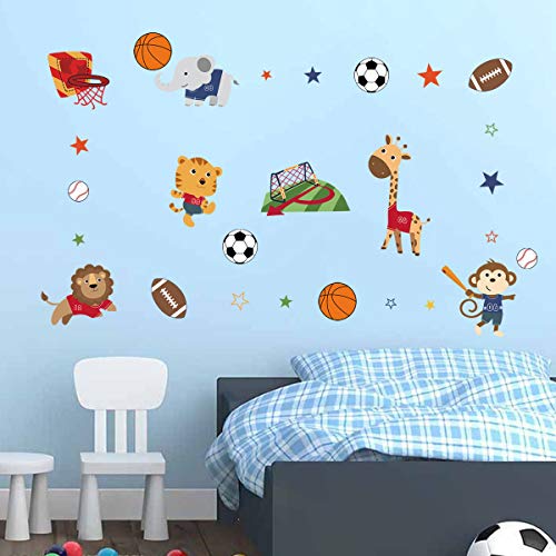 decalmile Sports Animals Wall Decals Monkey Elephant Giraffe Wall Stickers Baby Nursery Boys Bedroom Playroom Wall Decor