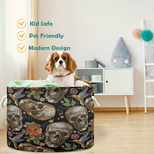 visesunny Storage Basket Embroidery Skull and Roses Humming Bird Flowe Nursery Hamper Canvas Fabric Toy Storage Organizer Bin Storage Box Laundry Basket for Kid Rooms,Playroom,Shelves