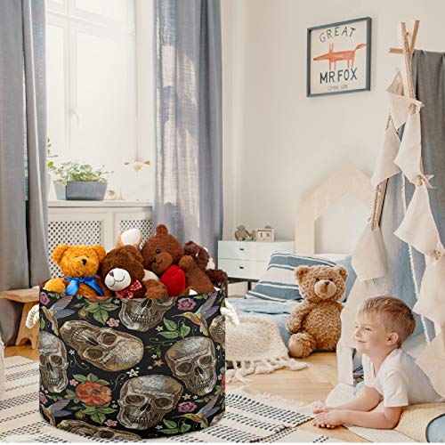 visesunny Storage Basket Embroidery Skull and Roses Humming Bird Flowe Nursery Hamper Canvas Fabric Toy Storage Organizer Bin Storage Box Laundry Basket for Kid Rooms,Playroom,Shelves