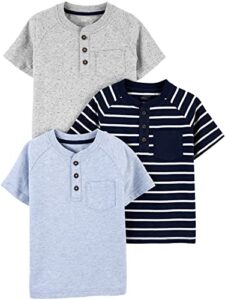 simple joys by carter's toddler boys' short-sleeve pocket henley tee shirt, pack of 3, blue heather/grey heather/stripe, 3t