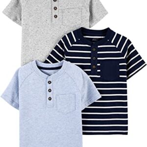 Simple Joys by Carter's Toddler Boys' Short-Sleeve Pocket Henley Tee Shirt, Pack of 3, Blue Heather/Grey Heather/Stripe, 3T