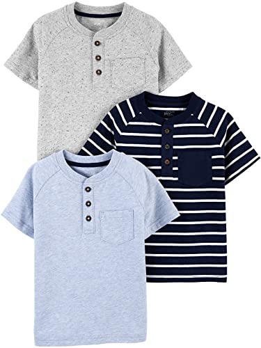 Simple Joys by Carter's Toddler Boys' Short-Sleeve Pocket Henley Tee Shirt, Pack of 3, Blue Heather/Grey Heather/Stripe, 3T