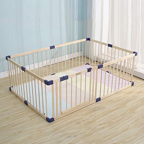 Kids Play Fence with Door,Wood Playpen Baby Safety Play Center Yard, Safe Play Area Indoor Kids Safety Activity Center Playard w/Locking Gate , Without Mat