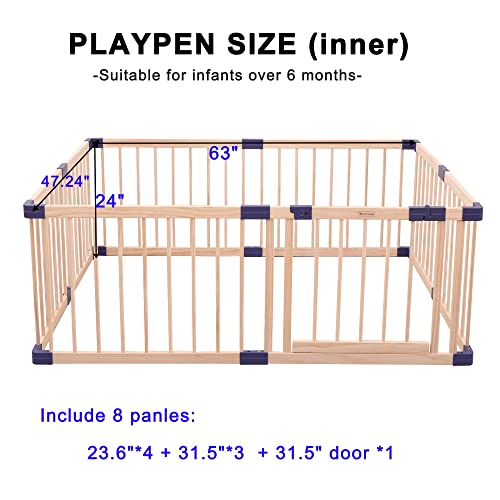 Kids Play Fence with Door,Wood Playpen Baby Safety Play Center Yard, Safe Play Area Indoor Kids Safety Activity Center Playard w/Locking Gate , Without Mat