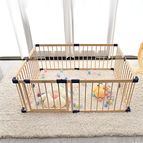 Kids Play Fence with Door,Wood Playpen Baby Safety Play Center Yard, Safe Play Area Indoor Kids Safety Activity Center Playard w/Locking Gate , Without Mat