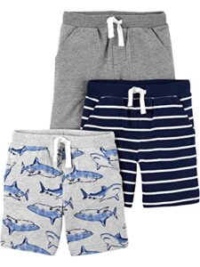 simple joys by carter's toddler boys' knit shorts, pack of 3, grey/light grey heather sharks/navy stripe, 3t