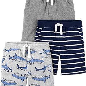 Simple Joys by Carter's Toddler Boys' Knit Shorts, Pack of 3, Grey/Light Grey Heather Sharks/Navy Stripe, 3T