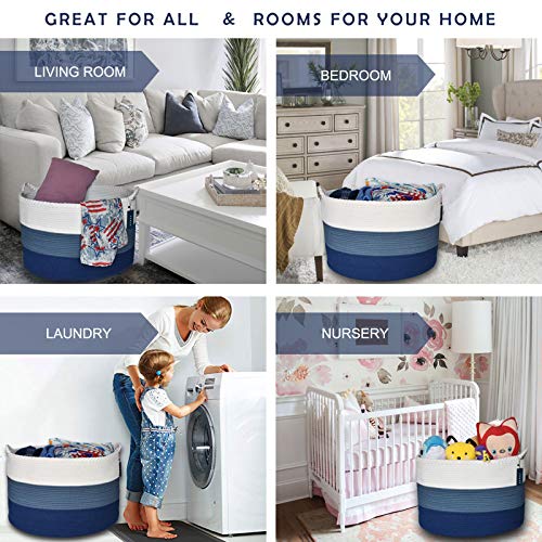 COMSE Extra Large Blanket Basket, Storage Basket, Laundry Basket, 21.7”x 13.8”, Laundry Hamper, Cotton Rope Basket, Blanket Basket Living Room, Toy Basket (White & Cadet Blue & Navy Blue)