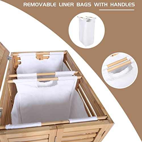 MUPATER Laundry Hamper with Lid, Bamboo Laundry Basket 2 Section with Removable Liner Bags, Foldable Clothes Hamper for Laundry Room, Bedroom and Bathroom