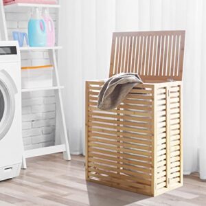 MUPATER Laundry Hamper with Lid, Bamboo Laundry Basket 2 Section with Removable Liner Bags, Foldable Clothes Hamper for Laundry Room, Bedroom and Bathroom