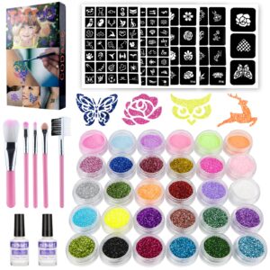 temporary glitter tattoos kit for kids, 24 large glitter colors & 6 fluorescent colors, 105 stencils, body glitter nail art glow in dark tattoo, body glitter festival party with 5 brushes 2 glue