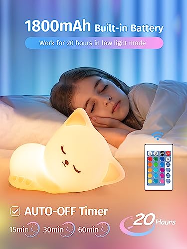 Mubarek Cat Night Light for Kids, 16 Colors Dimmable Kids Night Light, Remote Silicone Night Lights for Kids Room, 1800mAh Rechargeable Cute Lamp,Timer Baby Night Light for Kids,Cute Gifts for Girls