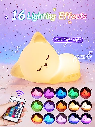 Mubarek Cat Night Light for Kids, 16 Colors Dimmable Kids Night Light, Remote Silicone Night Lights for Kids Room, 1800mAh Rechargeable Cute Lamp,Timer Baby Night Light for Kids,Cute Gifts for Girls