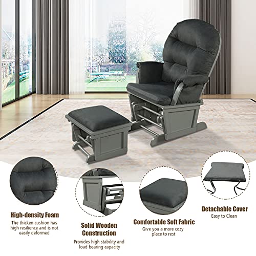 Costzon Baby Glider and Ottoman Cushion Set, Wood Baby Rocker Nursery Furniture for Napping, Nursing, Reading, Upholstered Comfort Nursery Chair w/Padded Armrests & Detachable Cushion (Dark Grey)