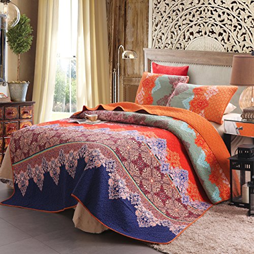 Exclusivo Mezcla Cotton Boho Twin Size Quilt Set, Soft Reversible Bohemian Bedspreads Lightweight Bedding Set Bed Cover for All Seasons, 2 Piece (1 Quilt, 1 Pillow sham)