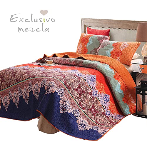 Exclusivo Mezcla Cotton Boho Twin Size Quilt Set, Soft Reversible Bohemian Bedspreads Lightweight Bedding Set Bed Cover for All Seasons, 2 Piece (1 Quilt, 1 Pillow sham)